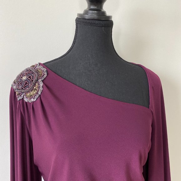 Dress By David Meister, Size US 8, Maroon, burgundy, embroidered bead flower - Picture 3 of 16